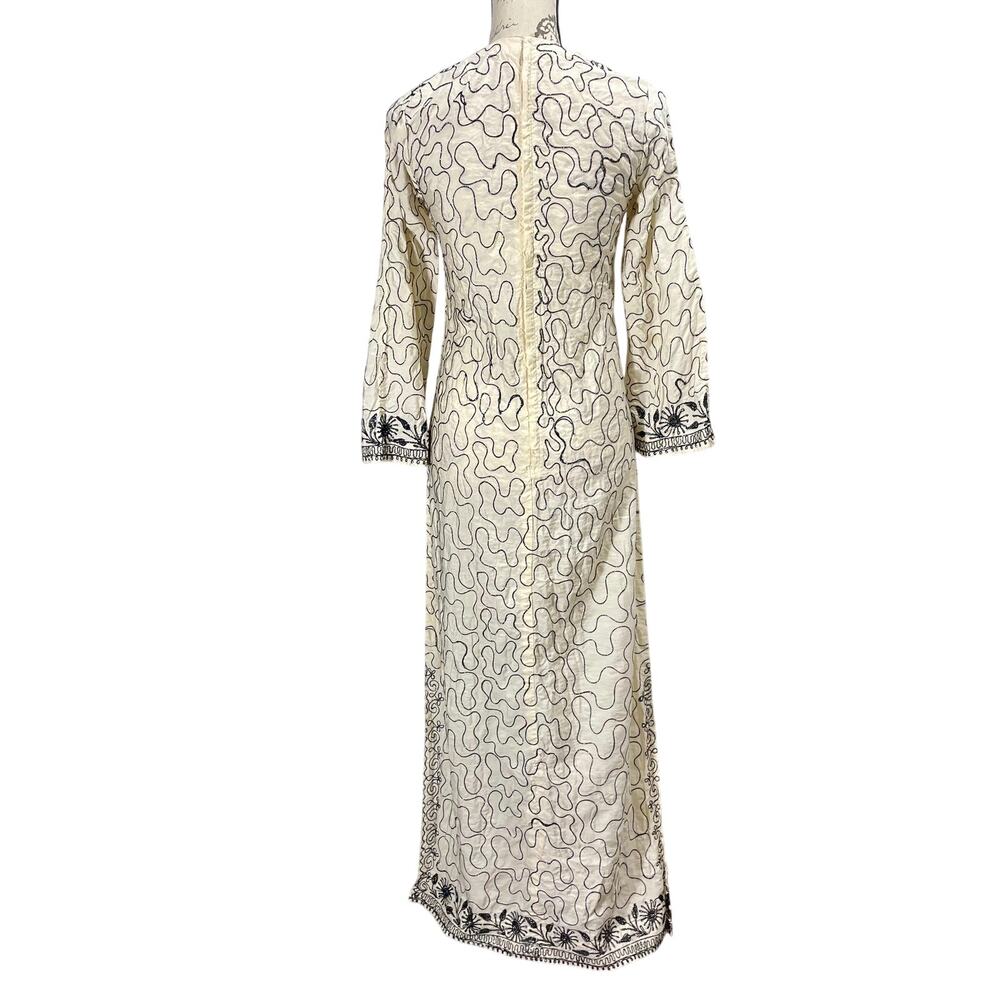 Vintage 70s Kaftan Maxi Dress Cream Black Geometric Embroidered Size Small - Picture 4 of 13